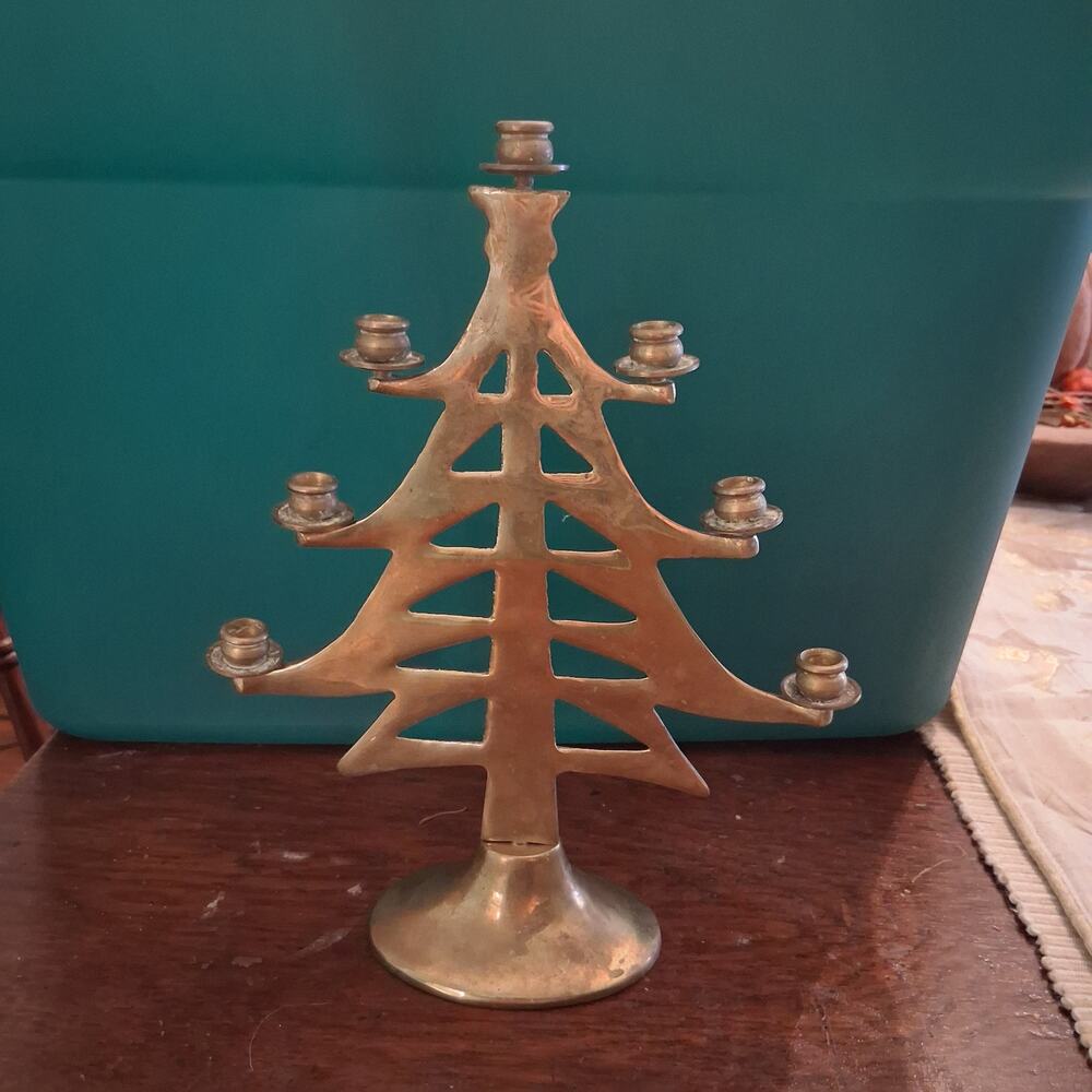 Vintage brass christmas tree candle holder 9.5" tall 7" wide